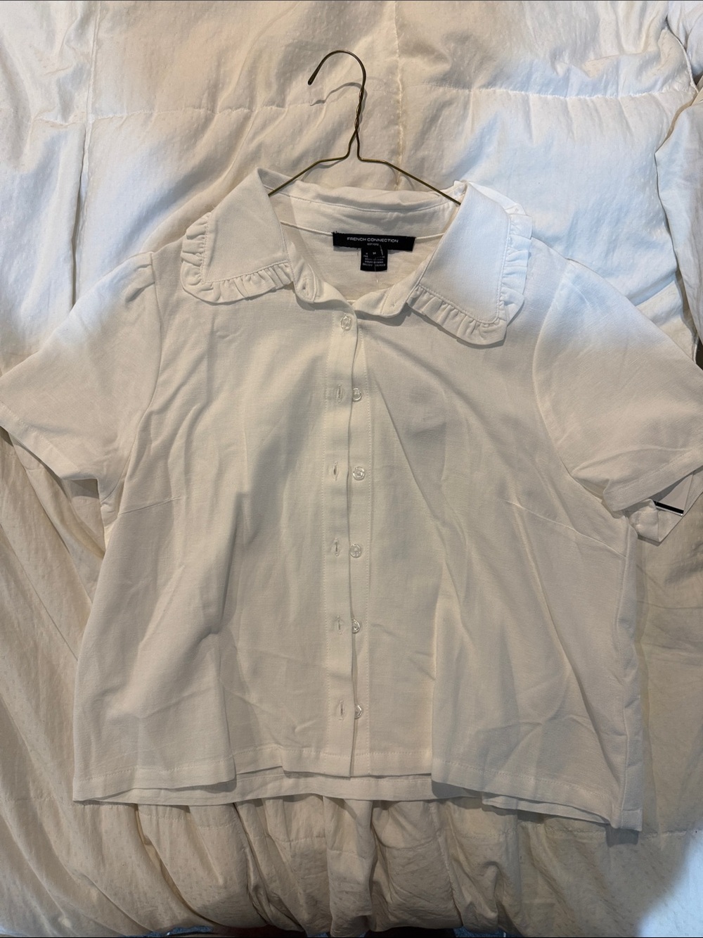 French Connection White Short-Sleeve Ruffle Collar Button-Down